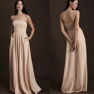 BHLDN Elsie Straight Neck Satin A Line Gown Maxi 8 Beige Wedding Bridesmaid NWT